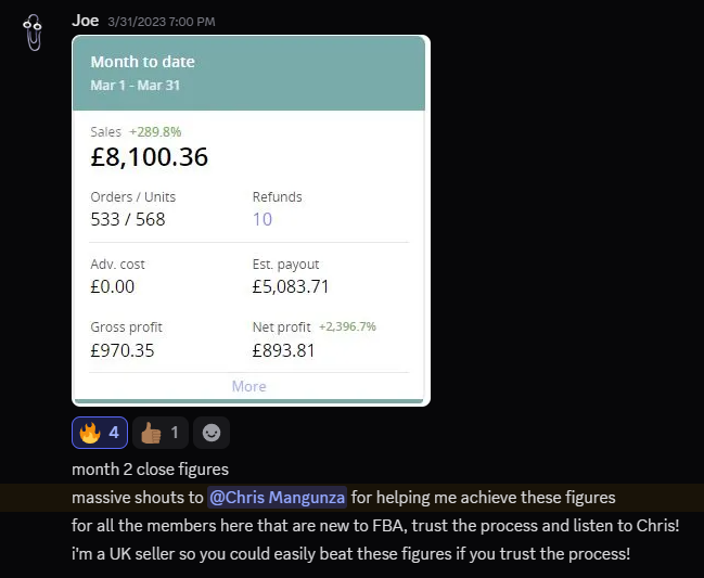 Joe - £8,100 month 2, UK seller